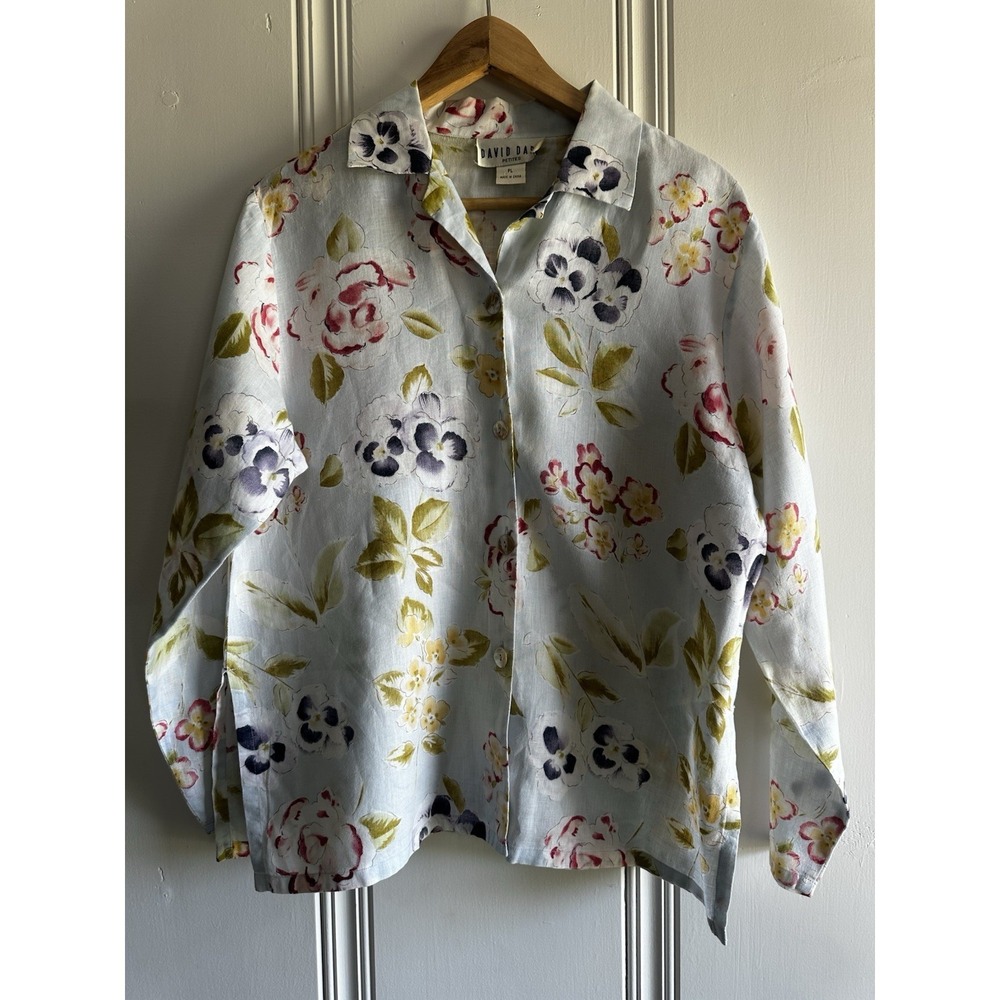 David Dart Linen‎ Floral Blouse PL Blue Coastal Cottagecore Button Up Shirt